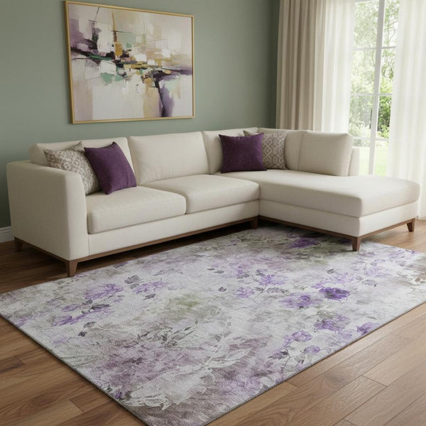 HomeRoots 8' X 10' Floral Washable Area Rug in Purple, Gray, & Ivory - Durable, UV Protected, Pet Friendly! 657729