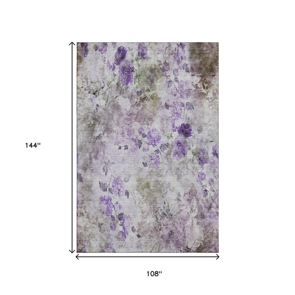 HomeRoots 9' X 12' Elegant Floral Washable Area Rug - Soft Purple, Gray, Ivory with UV Protection & Durability 657730