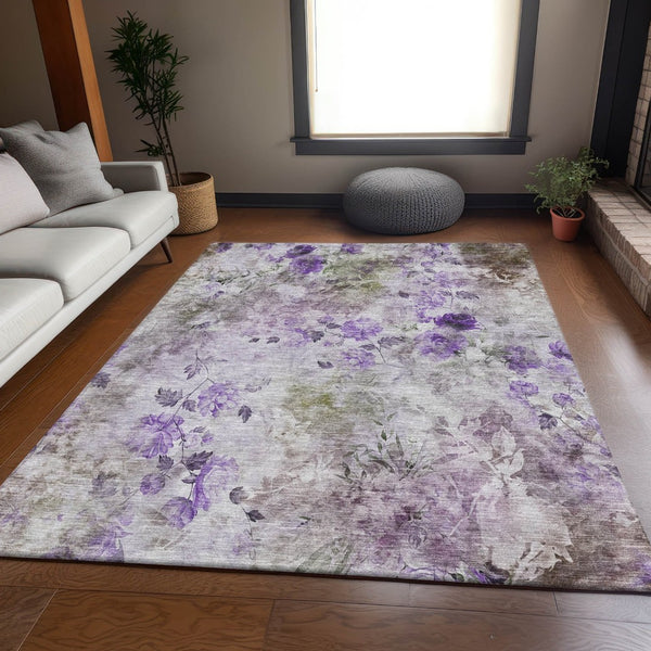 HomeRoots 9' X 12' Elegant Floral Washable Area Rug - Soft Purple, Gray, Ivory with UV Protection & Durability 657730