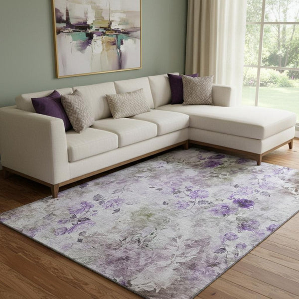 HomeRoots 9' X 12' Elegant Floral Washable Area Rug - Soft Purple, Gray, Ivory with UV Protection & Durability 657730