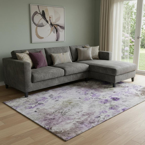 HomeRoots 10' X 14' Purple Gray Ivory Floral Area Rug - Stain-Resistant, UV Protected & Machine-Washable Design 657731