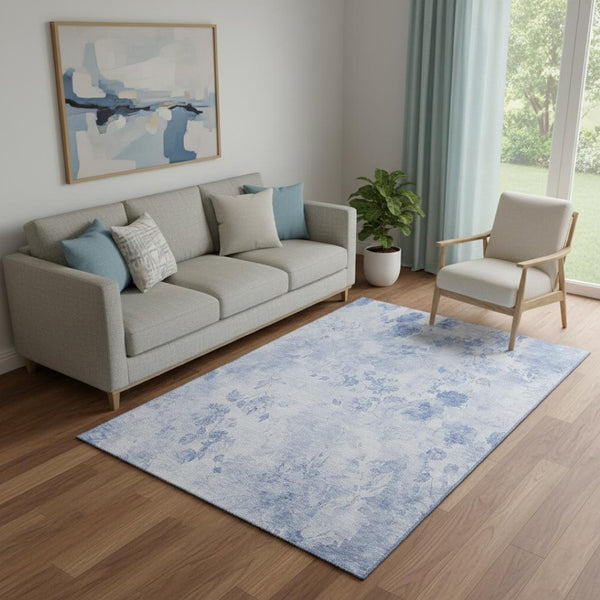 HomeRoots 5' X 8' Sky Blue Floral Area Rug – Durable, Stain-Resistant, UV-Protected, Washable for Easy Care! 657733