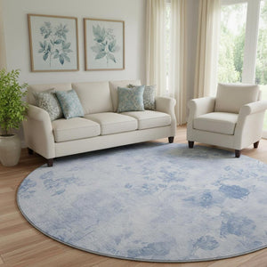 HomeRoots 8' Sky Blue Floral Washable Round Rug - Stylish, Durable, UV Protected for Family & Play Areas 657734