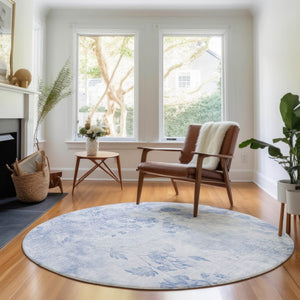 HomeRoots 8' Sky Blue Floral Washable Round Rug - Stylish, Durable, UV Protected for Family & Play Areas 657734