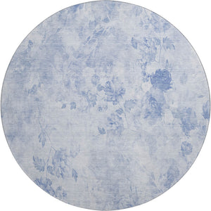 HomeRoots 8' Sky Blue Floral Washable Round Rug - Stylish, Durable, UV Protected for Family & Play Areas 657734