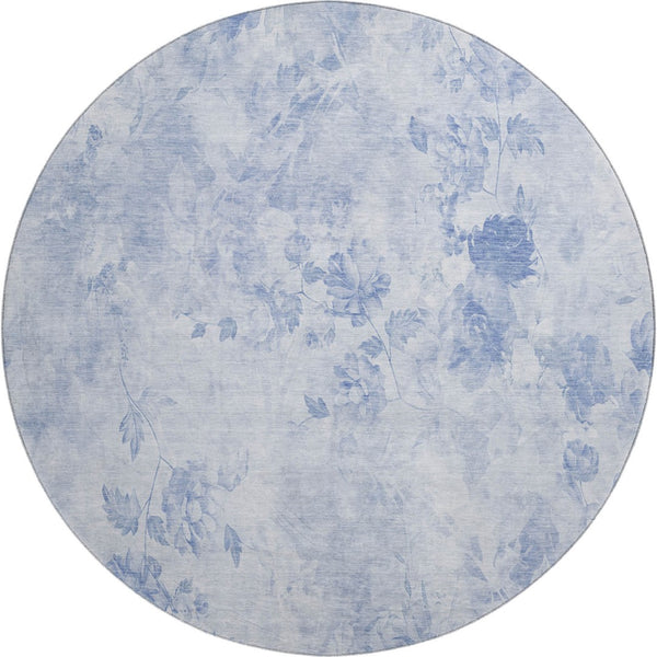 HomeRoots 8' Sky Blue Floral Washable Round Rug - Stylish, Durable, UV Protected for Family & Play Areas 657734