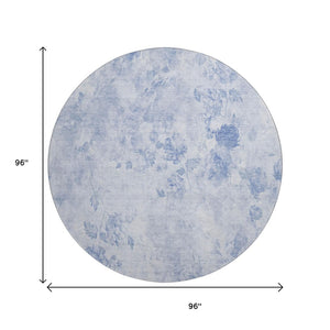 HomeRoots 8' Sky Blue Floral Washable Round Rug - Stylish, Durable, UV Protected for Family & Play Areas 657734