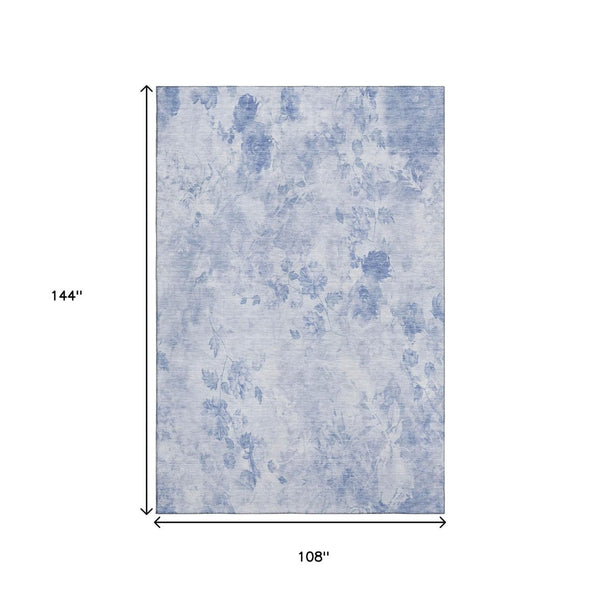 HomeRoots 9' X 12' Sky Blue Floral Area Rug – Washable, UV Protected, Stain Resistant for Family Living Spaces 657736