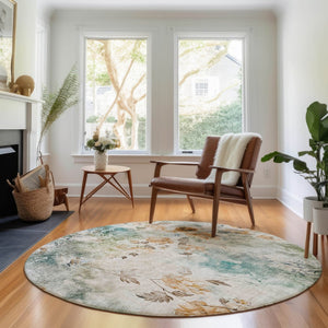 HomeRoots 8' Teal Copper Ivory Floral Round Rug - Washable, UV-Protected, Durable for Family Living Spaces 657740