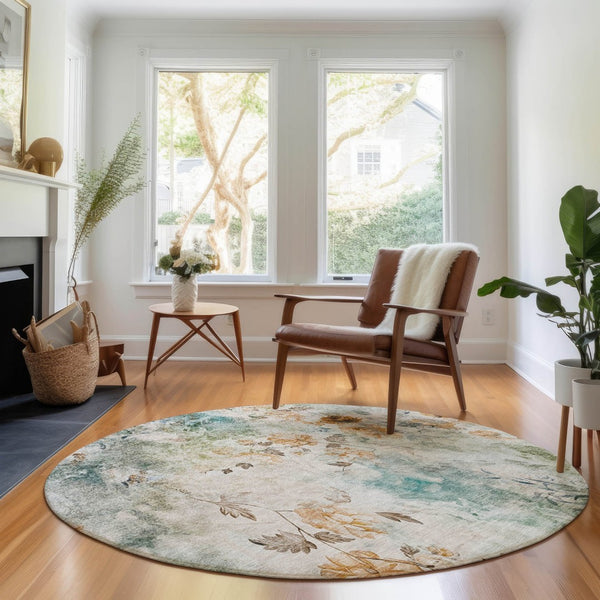 HomeRoots 8' Teal Copper Ivory Floral Round Rug - Washable, UV-Protected, Durable for Family Living Spaces 657740