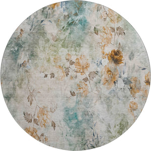 HomeRoots 8' Teal Copper Ivory Floral Round Rug - Washable, UV-Protected, Durable for Family Living Spaces 657740