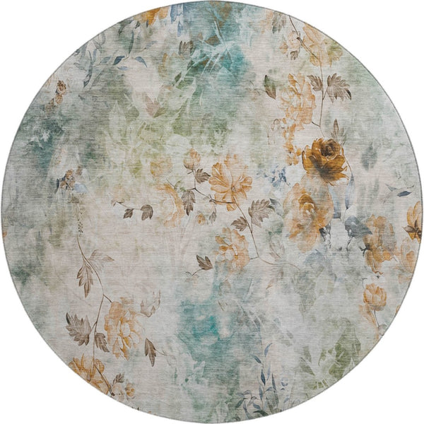 HomeRoots 8' Teal Copper Ivory Floral Round Rug - Washable, UV-Protected, Durable for Family Living Spaces 657740