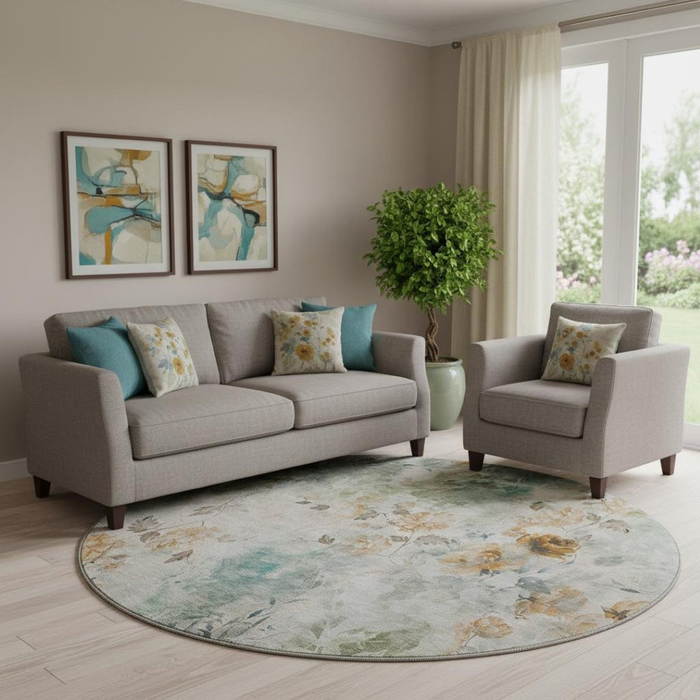 HomeRoots 8' Teal Copper Ivory Floral Round Rug - Washable, UV-Protected, Durable for Family Living Spaces 657740