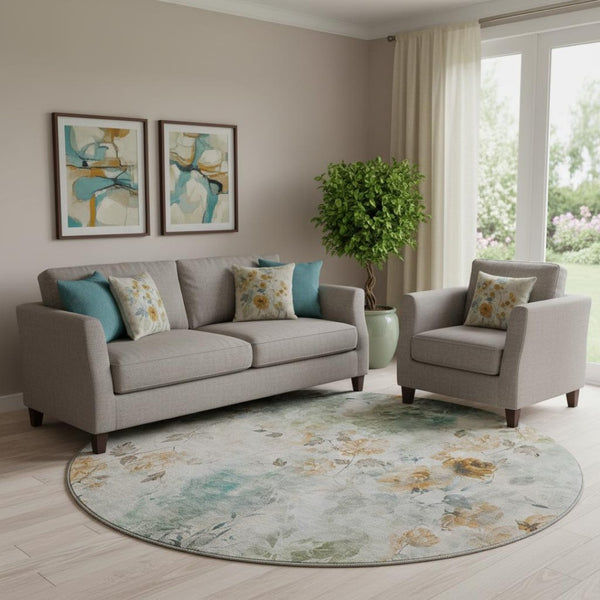 HomeRoots 8' Teal Copper Ivory Floral Round Rug - Washable, UV-Protected, Durable for Family Living Spaces 657740