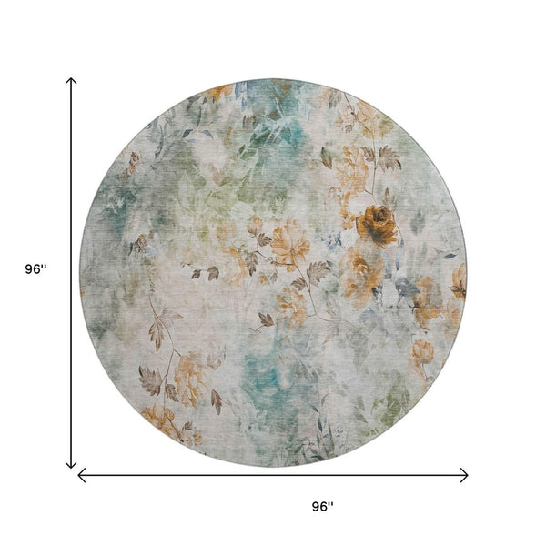 HomeRoots 8' Teal Copper Ivory Floral Round Rug - Washable, UV-Protected, Durable for Family Living Spaces 657740