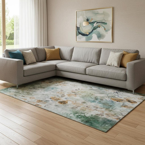 HomeRoots 8' X 10' Teal Copper Ivory Floral Area Rug - Stain-Resistant, UV Protected for Kid & Pet Friendly Homes 657741