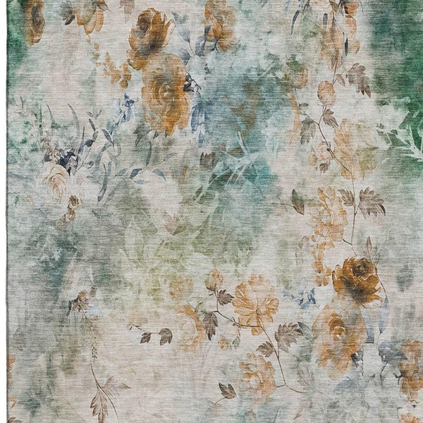 HomeRoots 8' X 10' Teal Copper Ivory Floral Area Rug - Stain-Resistant, UV Protected for Kid & Pet Friendly Homes 657741
