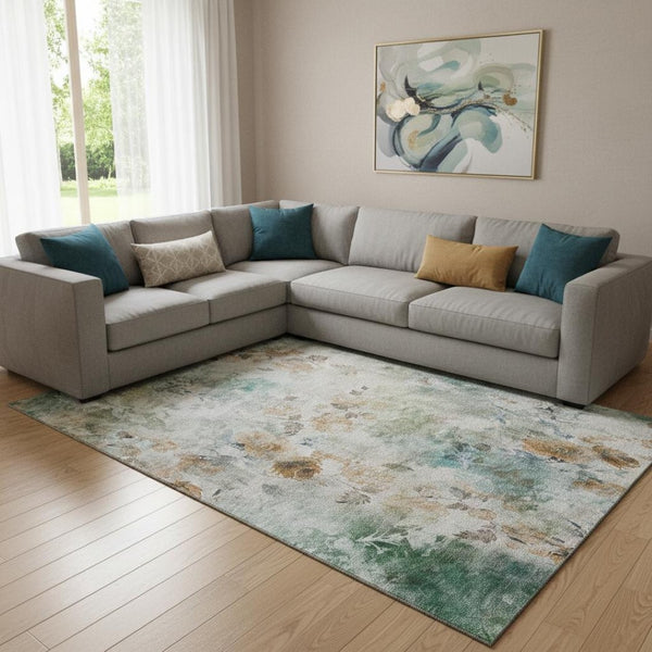 HomeRoots 9' X 12' Elegant Teal Copper Ivory Floral Area Rug - Washable, UV Protected, Pet-Friendly Design! 657742