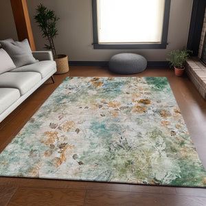 HomeRoots 10' X 14' Teal Copper Floral Area Rug – Washable, UV-Protected, Durable Design for Busy Homes 657743