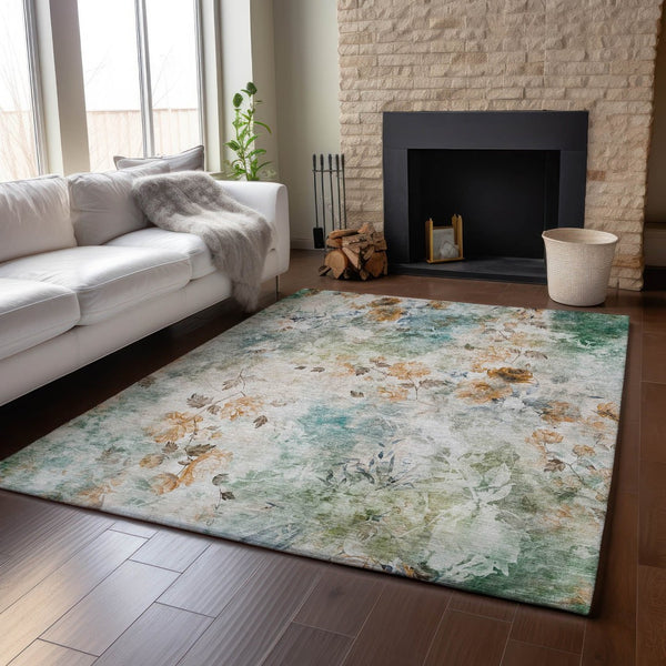 HomeRoots 10' X 14' Teal Copper Floral Area Rug – Washable, UV-Protected, Durable Design for Busy Homes 657743