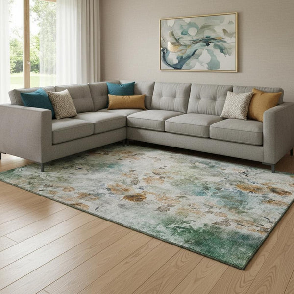 HomeRoots 10' X 14' Teal Copper Floral Area Rug – Washable, UV-Protected, Durable Design for Busy Homes 657743