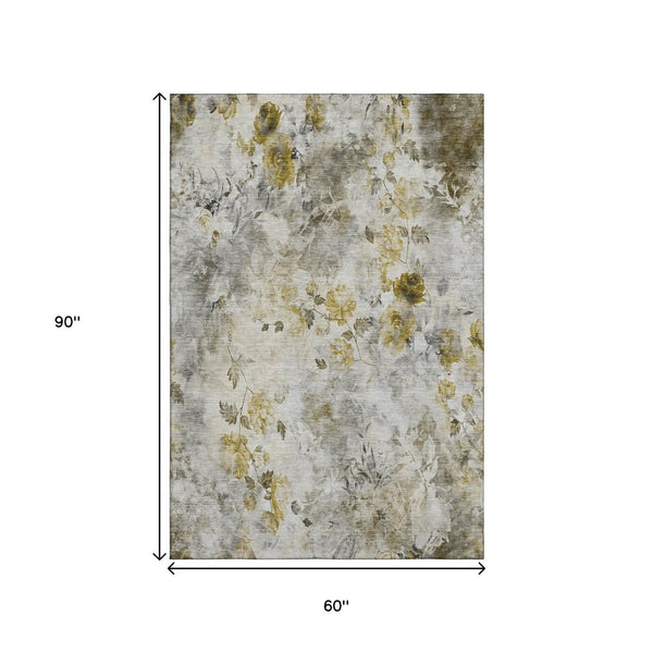 HomeRoots 5' X 8' Floral Area Rug in Taupe, Gold & Ivory – Washable, UV-Protected & Perfect for High-Traffic Areas 657745
