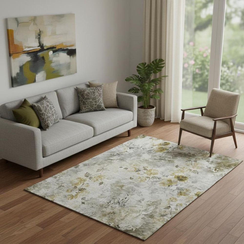 HomeRoots 5' X 8' Floral Area Rug in Taupe, Gold & Ivory – Washable, UV-Protected & Perfect for High-Traffic Areas 657745