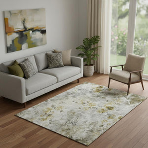 HomeRoots 5' X 8' Floral Area Rug in Taupe, Gold & Ivory – Washable, UV-Protected & Perfect for High-Traffic Areas 657745