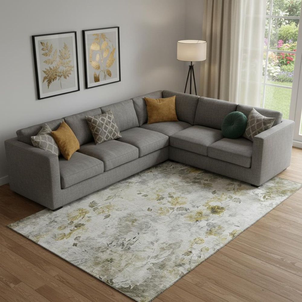 HomeRoots 8' X 10' Floral Area Rug in Taupe, Gold & Ivory - Washable, Stain Resistant & UV Protected Beauty 657747