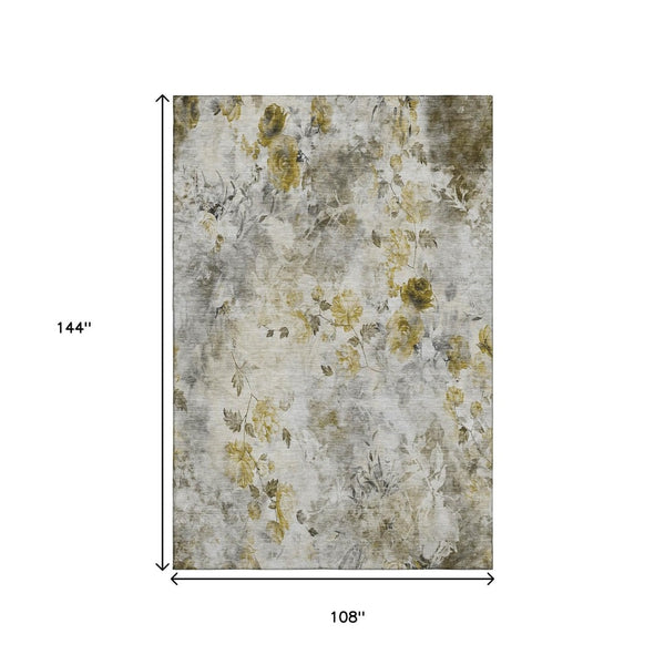 HomeRoots 9' X 12' Elegant Taupe Gold Ivory Floral Area Rug - Washable, Stain-Resistant & UV Protected Perfect for Homes 657748
