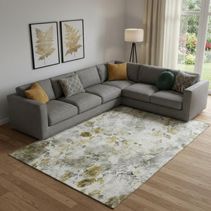HomeRoots 10' X 14' Elegant Taupe Gold Ivory Floral Area Rug – Washable, UV Protected, Stain-Resistant Design 657749