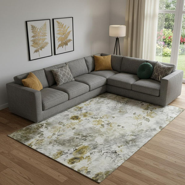 HomeRoots 10' X 14' Elegant Taupe Gold Ivory Floral Area Rug – Washable, UV Protected, Stain-Resistant Design 657749
