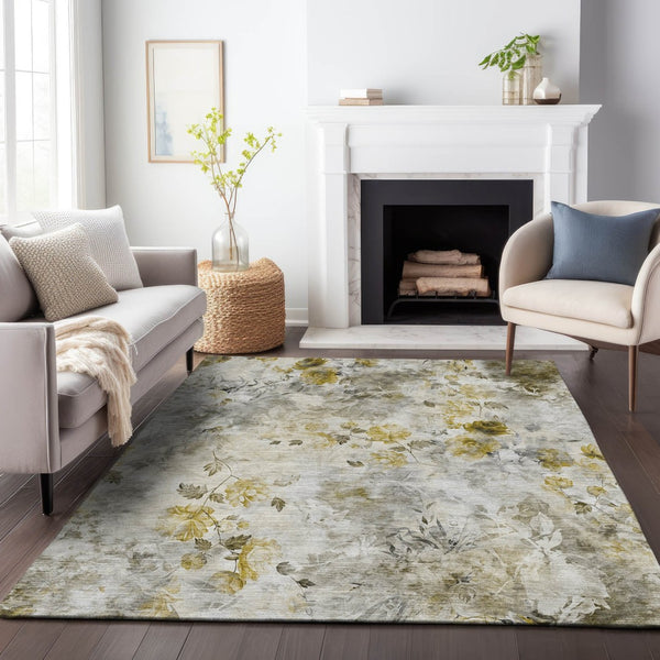 HomeRoots 10' X 14' Elegant Taupe Gold Ivory Floral Area Rug – Washable, UV Protected, Stain-Resistant Design 657749