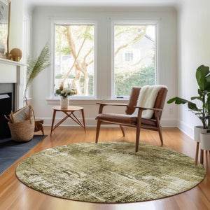 HomeRoots 8' Stylish Brown and Ivory Abstract Washable Round Rug with UV Protection for Family-Friendly Homes 657758