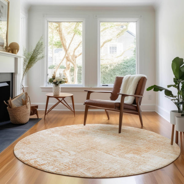 HomeRoots 8' Coral and Ivory Abstract Washable Round Rug with UV Protection for Stylish, Low-Maintenance Living 657764