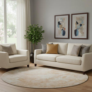 HomeRoots 8' Coral and Ivory Abstract Washable Round Rug with UV Protection for Stylish, Low-Maintenance Living 657764