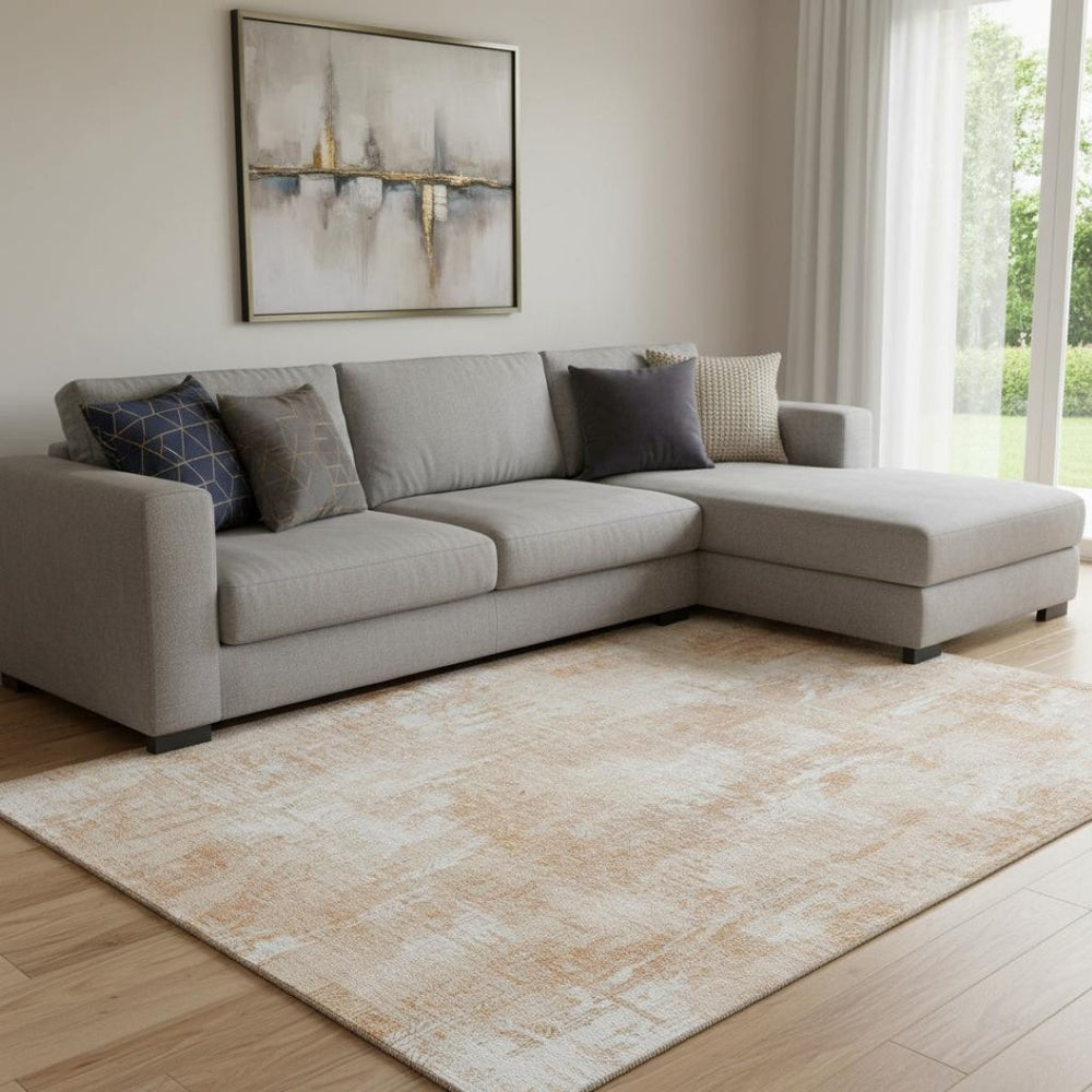 HomeRoots 9' X 12' Coral and Ivory Abstract Area Rug - Washable, UV-Protected, Soft, Stain-Resistant Design 657766