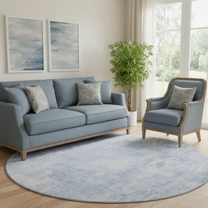 HomeRoots 8' Sky Blue and Ivory Abstract Washable Round Rug - Durable, Stylish, UV Protected for Any Space 657770
