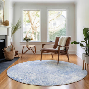 HomeRoots 8' Sky Blue and Ivory Abstract Washable Round Rug - Durable, Stylish, UV Protected for Any Space 657770