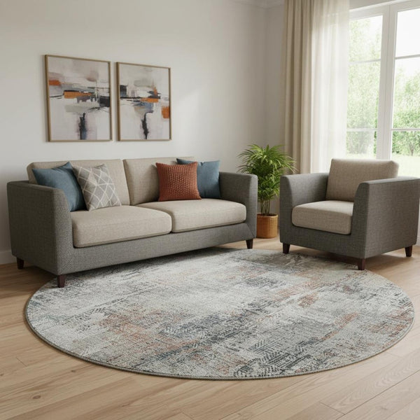 HomeRoots 8' Modern Abstract Washable Round Rug in Taupe, Copper & Beige - Durable, UV Protected & Stylish 657776
