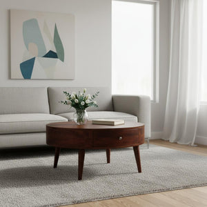 HomeRoots 32" Chestnut Round Coffee Table with Two Drawers - Solid Wood, Modern Design & Timeless Style 657783