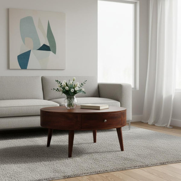 HomeRoots 32" Chestnut Round Coffee Table with Two Drawers - Solid Wood, Modern Design & Timeless Style 657783
