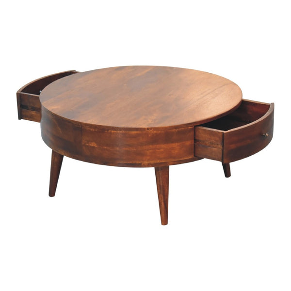 HomeRoots 32" Chestnut Round Coffee Table with Two Drawers - Solid Wood, Modern Design & Timeless Style 657783