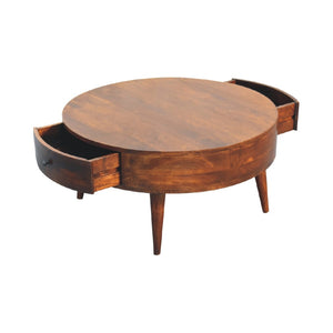 HomeRoots 32" Chestnut Round Coffee Table with Two Drawers - Solid Wood, Modern Design & Timeless Style 657783