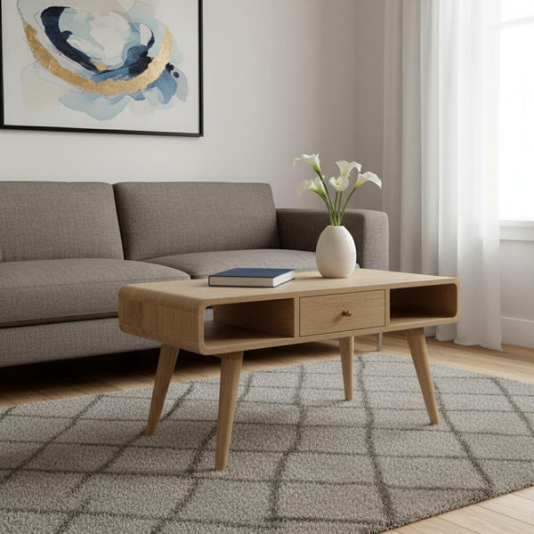 HomeRoots 34" Oak Solid Wood Coffee Table – Elegant Storage Solution with Drawers & Shelves for Any Room 657784