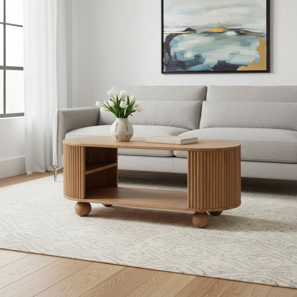 HomeRoots 43" Elegant Oak Solid Wood Oval Coffee Table with Storage Shelf for Stylish Living Room Decor 657785