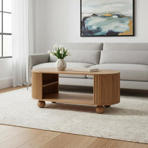 HomeRoots 43" Elegant Oak Solid Wood Oval Coffee Table with Storage Shelf for Stylish Living Room Decor 657785