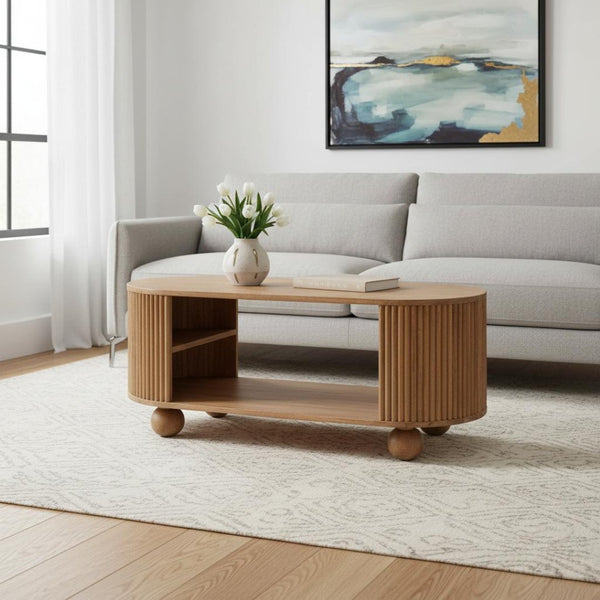 HomeRoots 43" Elegant Oak Solid Wood Oval Coffee Table with Storage Shelf for Stylish Living Room Decor 657785