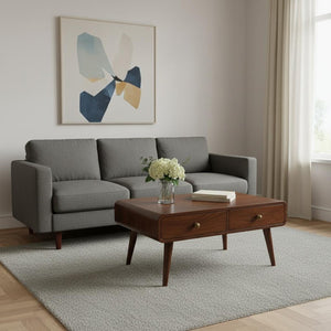 HomeRoots 34" Walnut Solid Wood Coffee Table – Timeless Design with 4 Drawers for Stylish Storage & Organization 657786