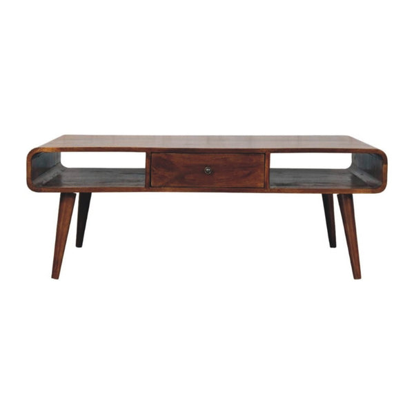 HomeRoots 47" Chestnut Solid Wood Coffee Table - Stylish Storage with Two Drawers & Open Shelves for Versatility 657787